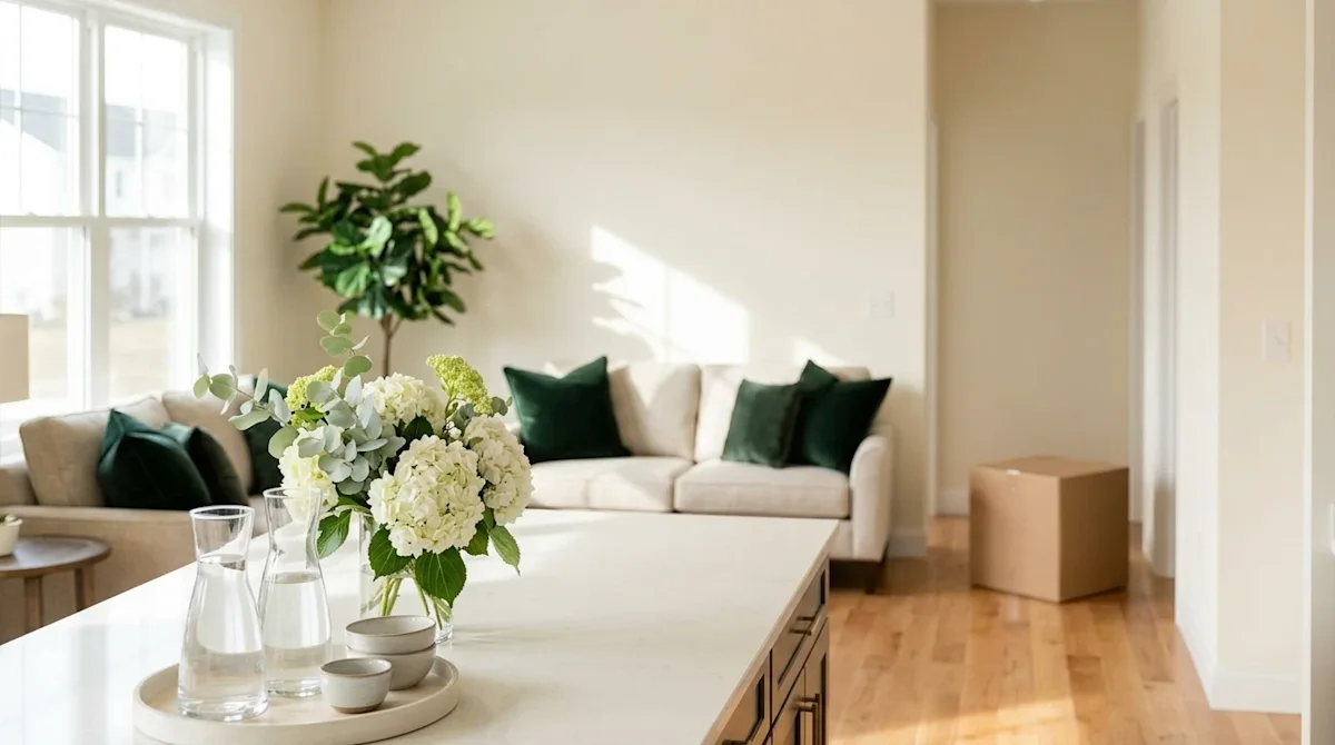 Professional marketing photography of a pristine, brightly lit home interior meticulously staged for an open house. The scene