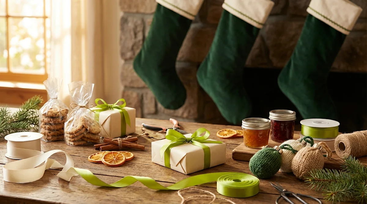 Cozy DIY holiday crafting scene with green velvet stockings, cream gifts, and vibrant lime green ribbon accents.