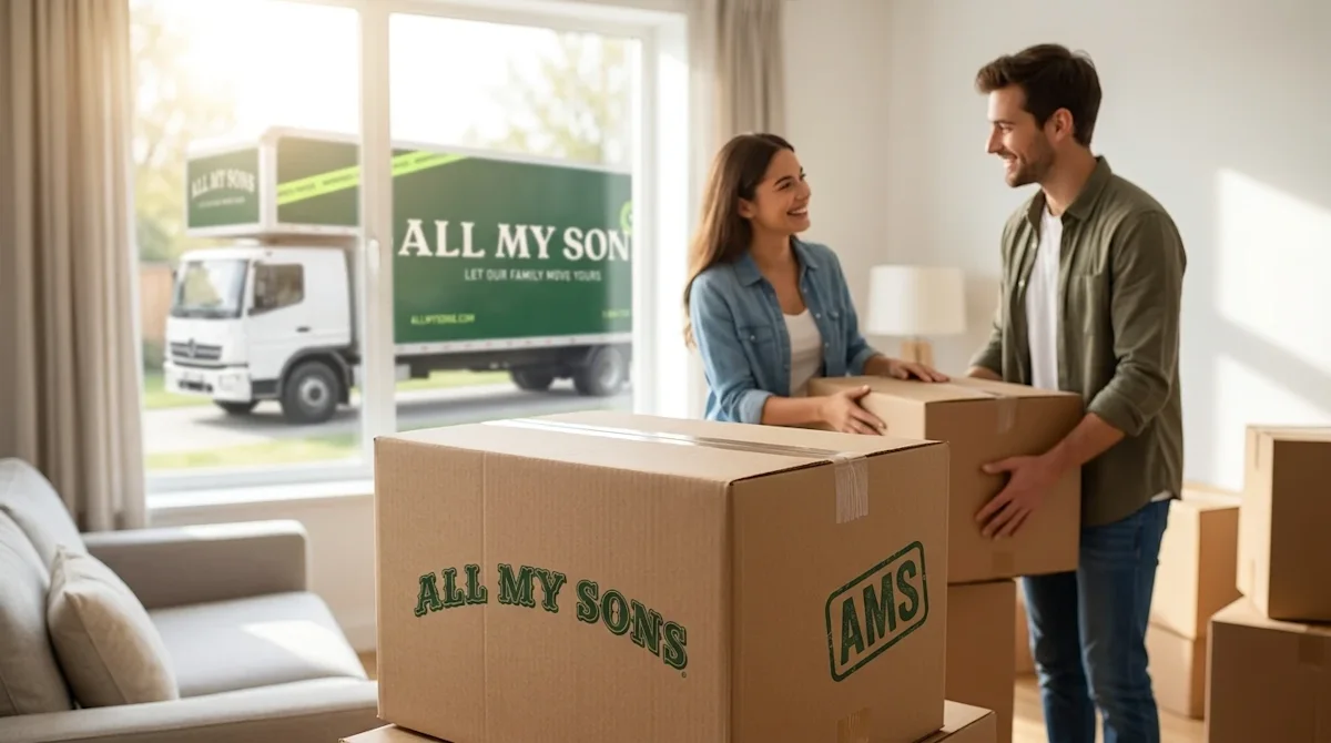 Commercial lifestyle photography, wide hero shot for a moving company blog, a happy young couple in a brightly lit, modern li