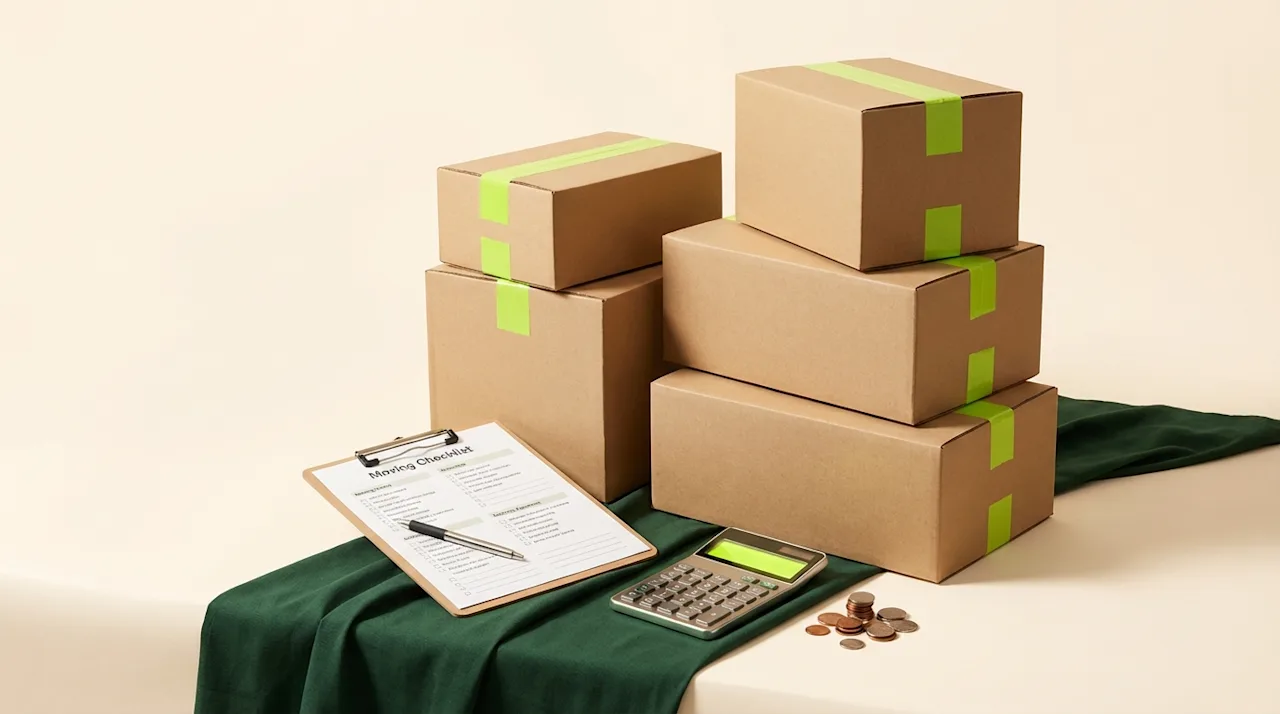 Cardboard boxes with lime green tape, a moving checklist, and a calculator symbolizing hidden moving costs.