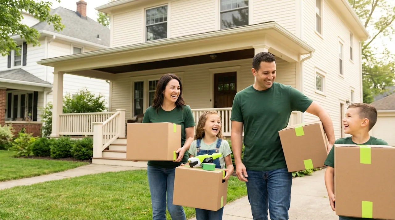 Happy family carrying moving boxes toward their new cream-colored home in a Cleveland neighborhood.