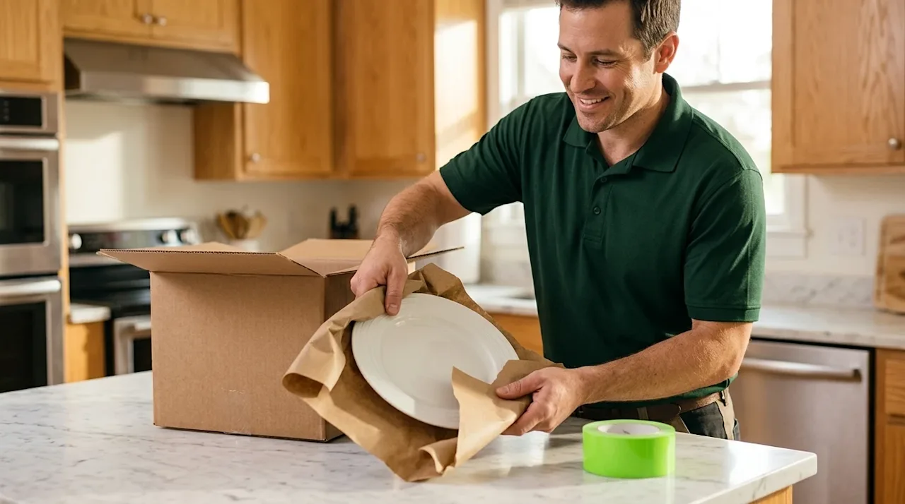 Clear, professional marketing photography. A friendly professional mover wearing a clean, dark forest green uniform shirt is