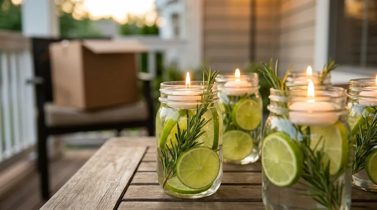 Professional lifestyle marketing photography of DIY mosquito repellent jars setting a warm, inviting mood. Several clear glas