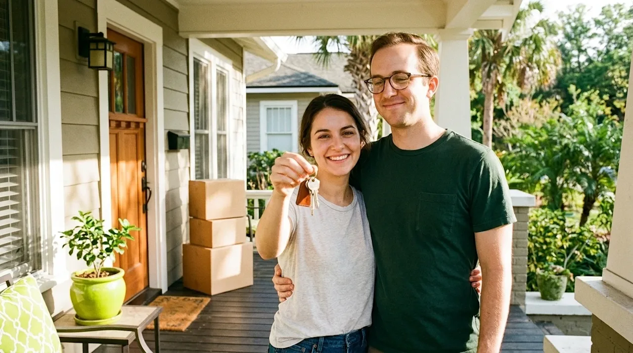 A candid, lifestyle photograph of a happy couple standing on the sun-drenched front porch of their beautiful new home in Jack