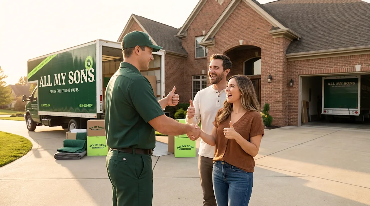 All My Sons mover shaking hands with a happy couple in a suburban driveway next to a green moving truck.