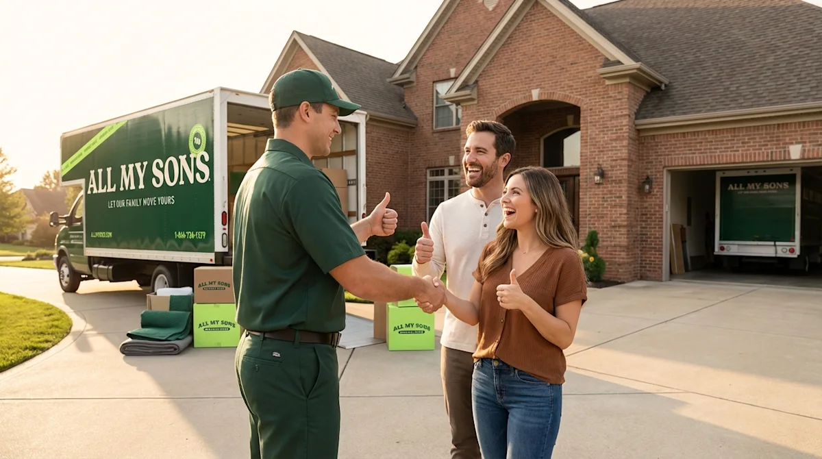 All My Sons mover shaking hands with a happy couple in a suburban driveway next to a green moving truck.