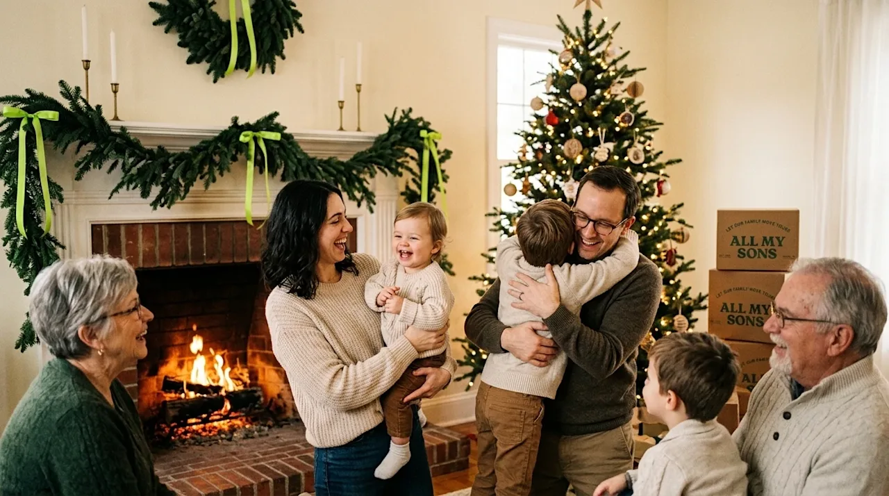 A candid, heartwarming 35mm film lifestyle photograph of a joyful family celebrating the holidays in their newly moved-in hom