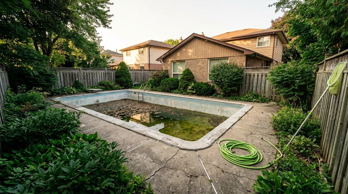 Neglected suburban swimming pool in a backyard representing real estate challenges with lush greenery.