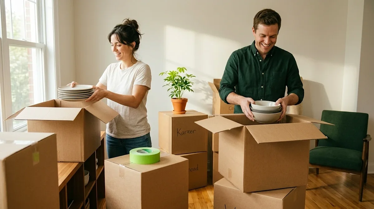 A high-quality, candid lifestyle photograph of a happy, relaxed couple efficiently unpacking warm kraft-brown cardboard movin