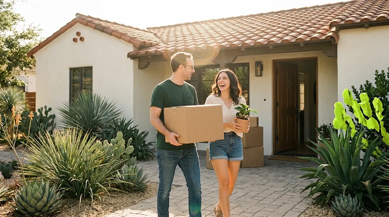 A candid, authentic lifestyle photograph of a happy couple moving into a new home in a bright, sunny destination, representin