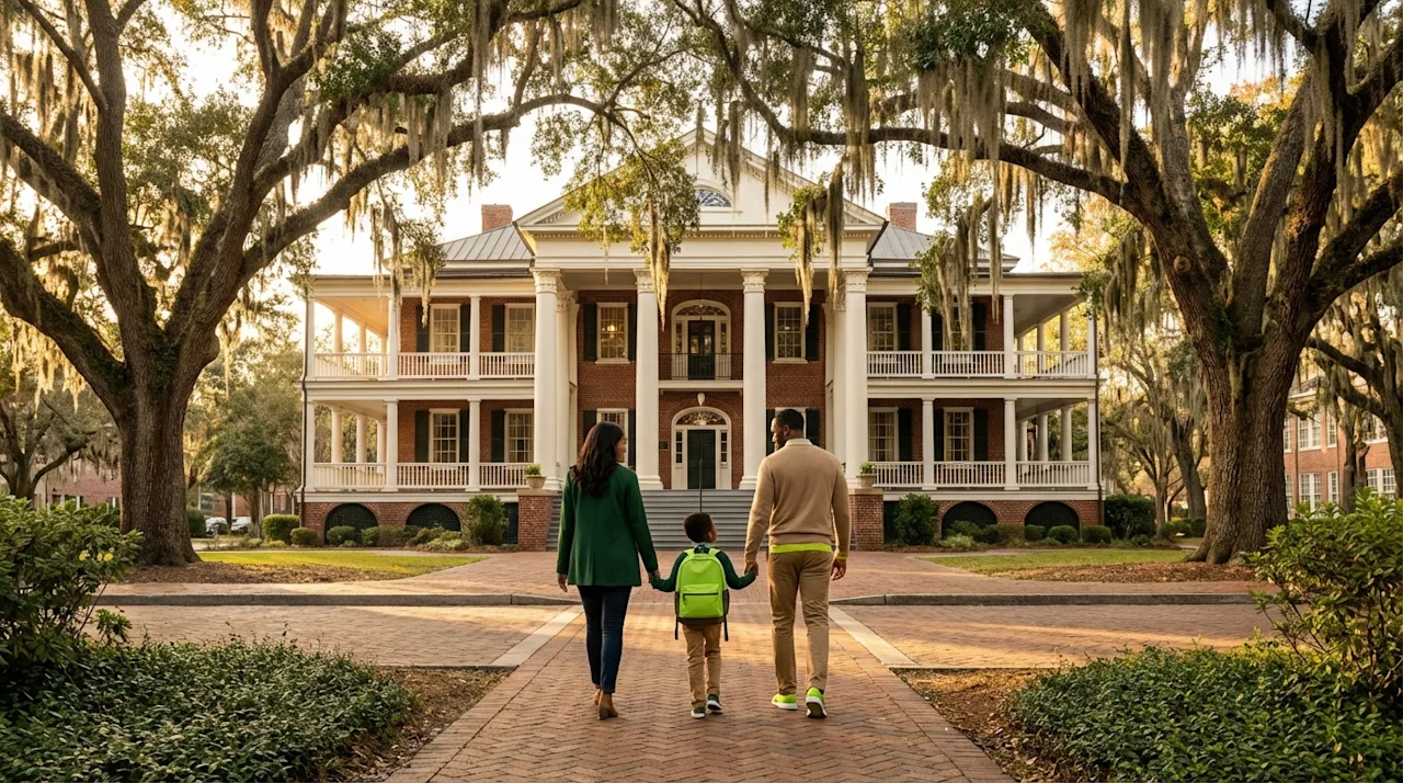 Family with child walking toward a historic Charleston school building surrounded by oak trees and Spanish moss.