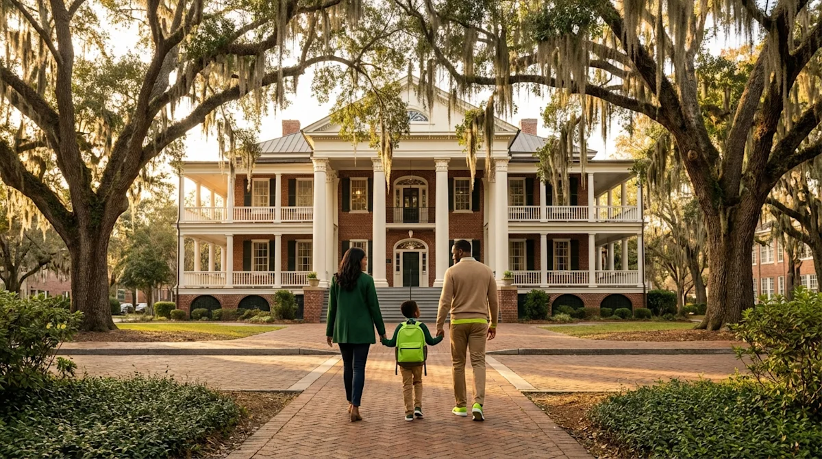 Family with child walking toward a historic Charleston school building surrounded by oak trees and Spanish moss.