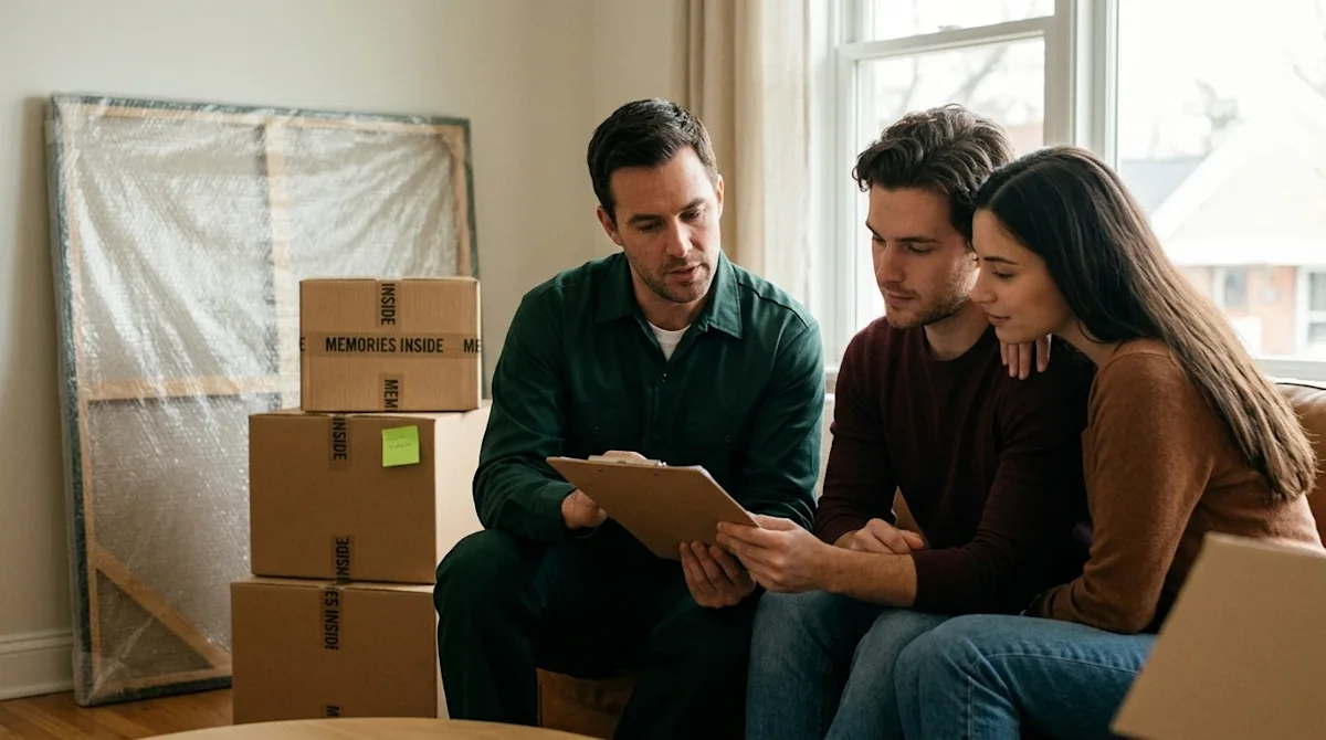Candid lifestyle photography of a professional mover wearing a dark green uniform shirt, standing in a warm, naturally lit li