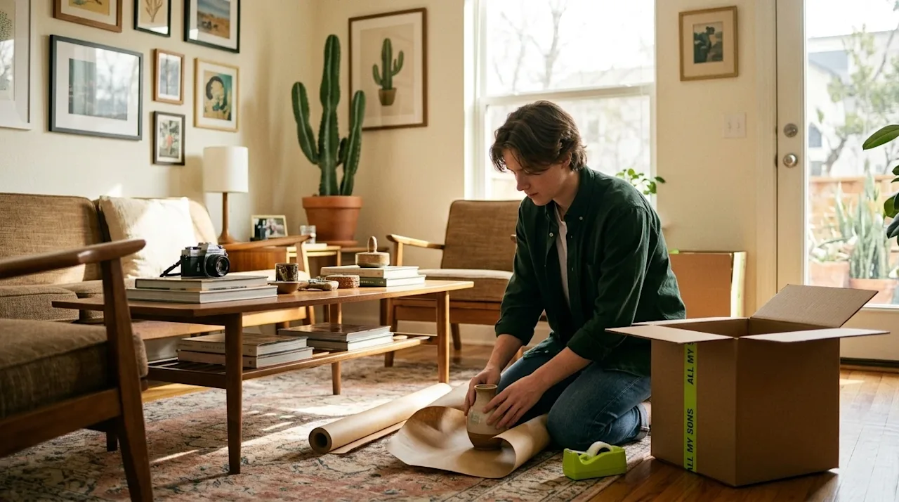 Authentic, warm lifestyle photography of a person meticulously packing belongings in a stylish, sunlit Austin living room, se