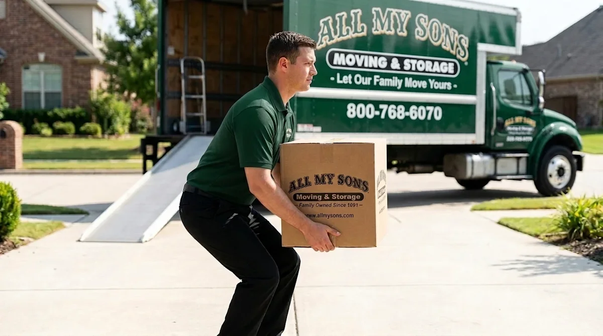 Professional photography of a professional mover demonstrating proper and safe lifting techniques on a brightly lit residenti