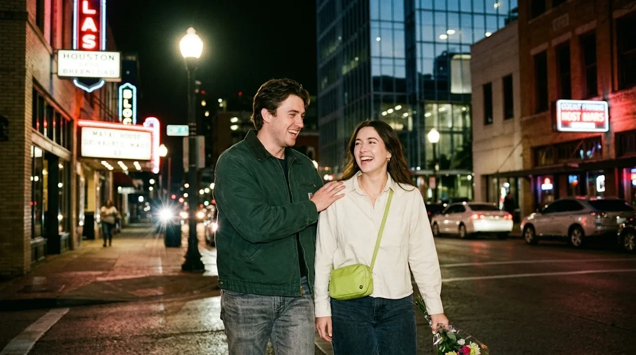 Candid 35mm film photography of a happy young couple enjoying a lively night out on a vibrant street in downtown Houston. The