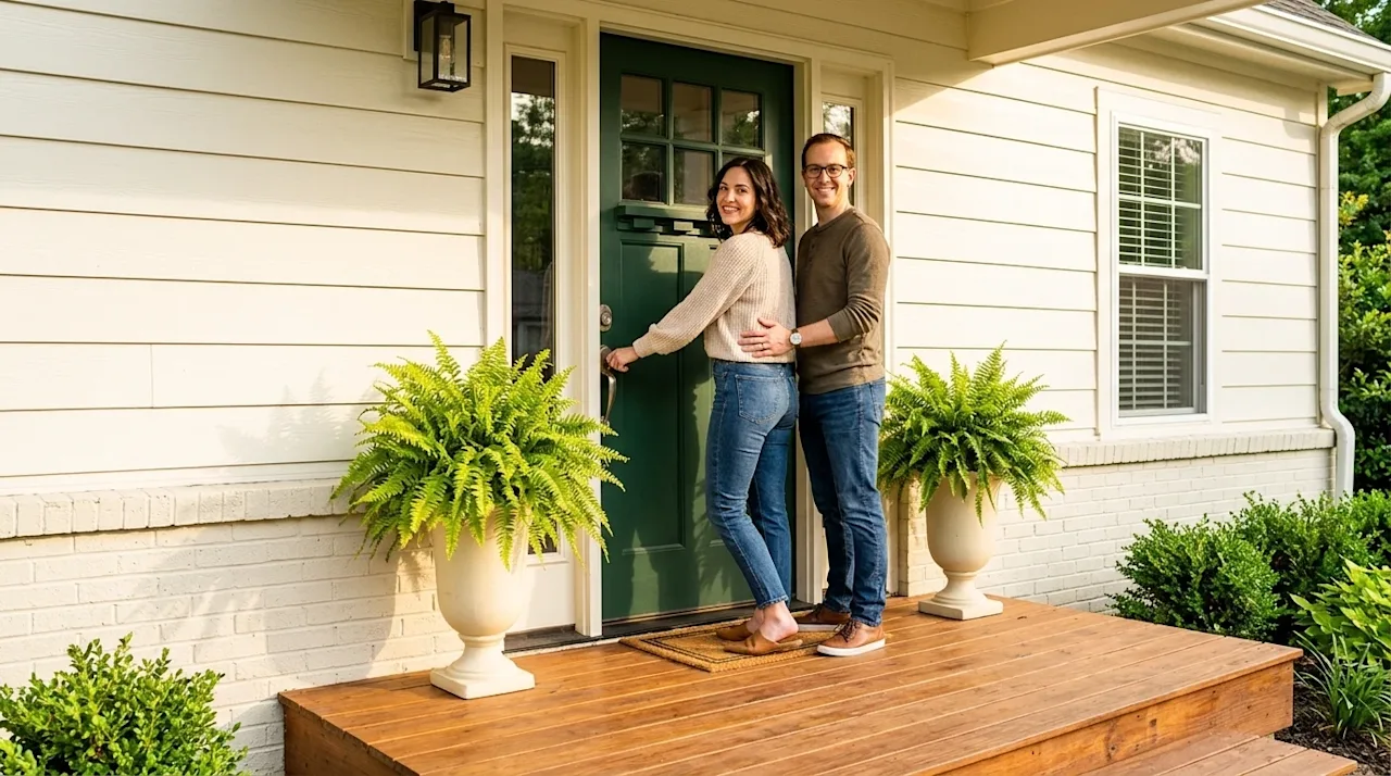 Professional lifestyle marketing photography of a joyful young couple standing on the welcoming front porch of their beautifu