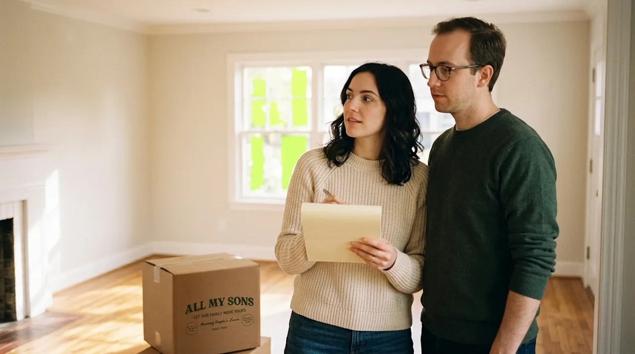 A candid, nostalgic 35mm film lifestyle photograph of a thoughtful young couple standing in the softly lit, empty living room