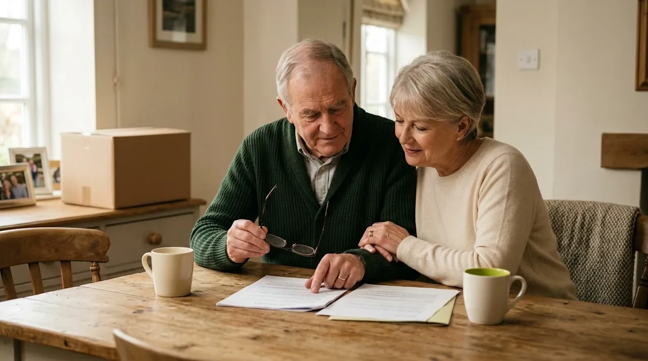 Professional marketing photography, a senior couple sitting together at a cozy wooden dining table in a warmly lit home, resp