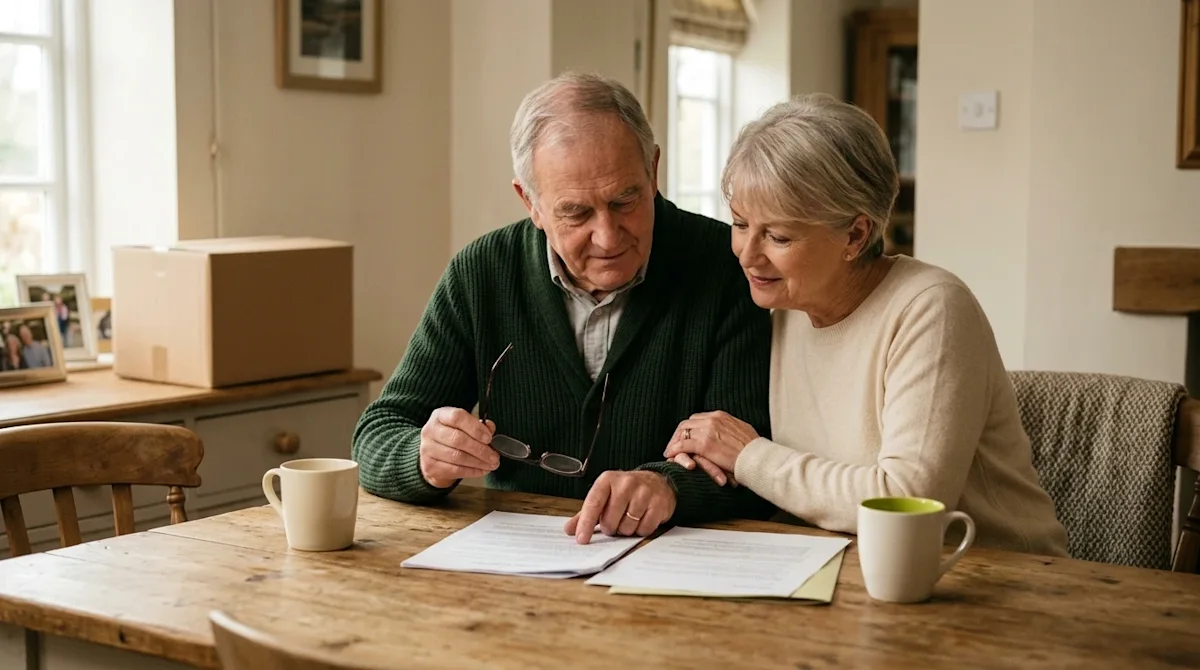 Professional marketing photography, a senior couple sitting together at a cozy wooden dining table in a warmly lit home, resp