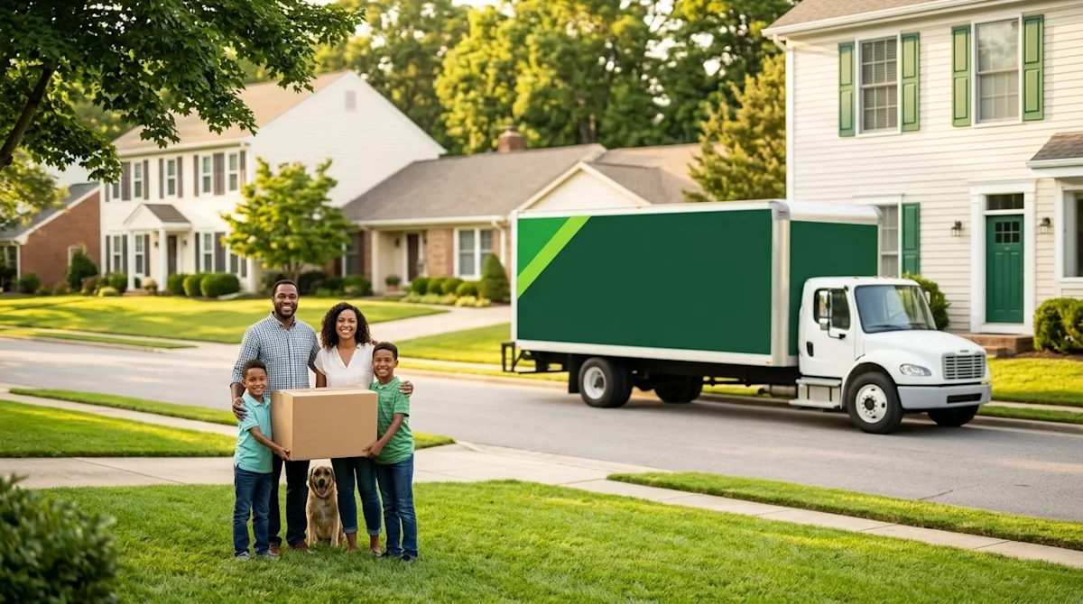 Clear and professional marketing photography of a vibrant, quintessential American neighborhood street featuring a mix of arc