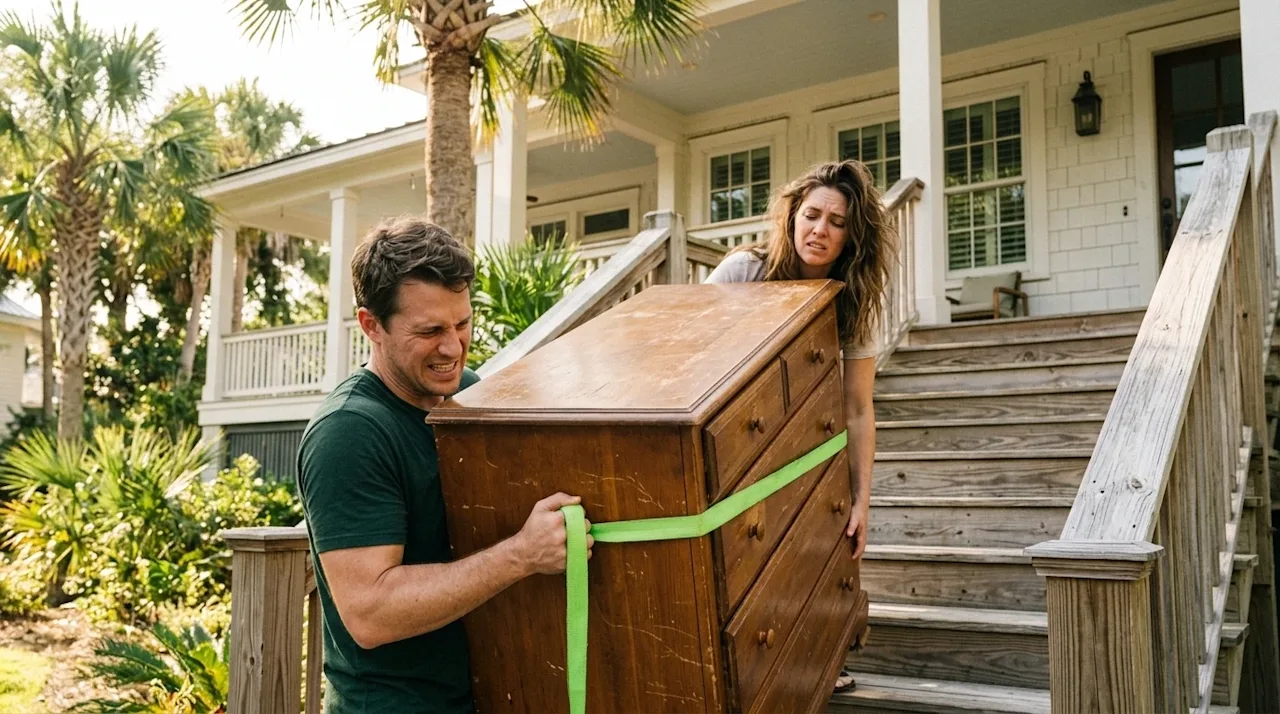 Professional marketing photography of an exhausted, stressed couple struggling to awkwardly carry a heavy wooden dresser up t