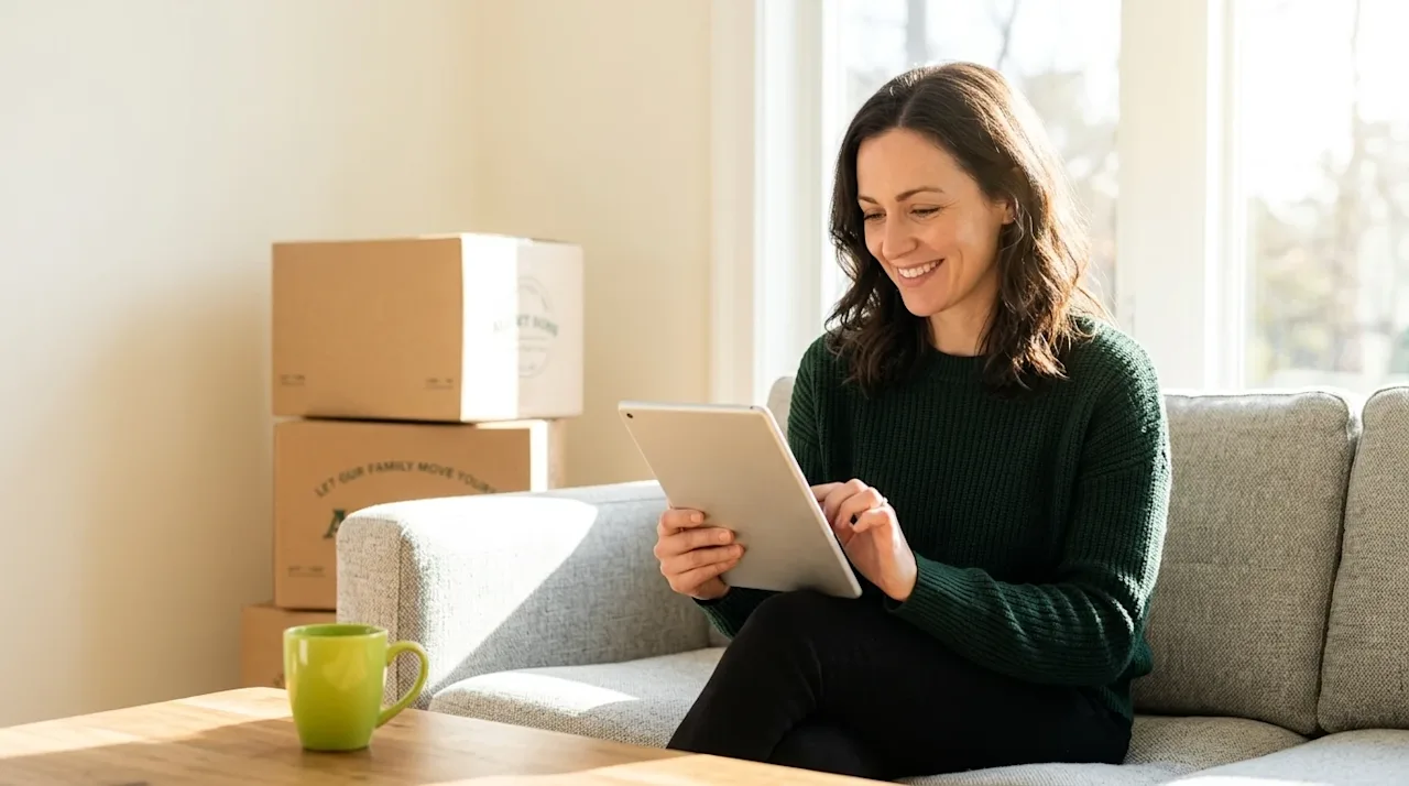 Professional marketing photography of a smiling, relaxed customer sitting comfortably on a modern sofa in a brightly lit, war