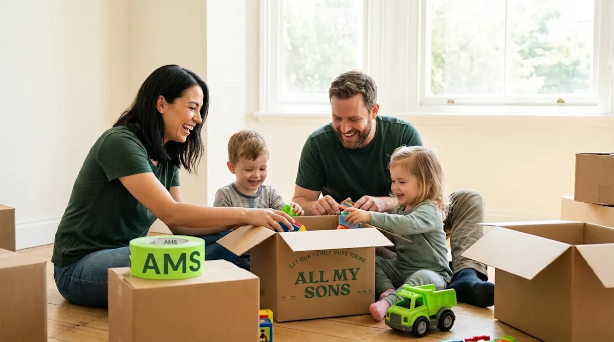 Family packing toys into All My Sons moving boxes in a bright living room.