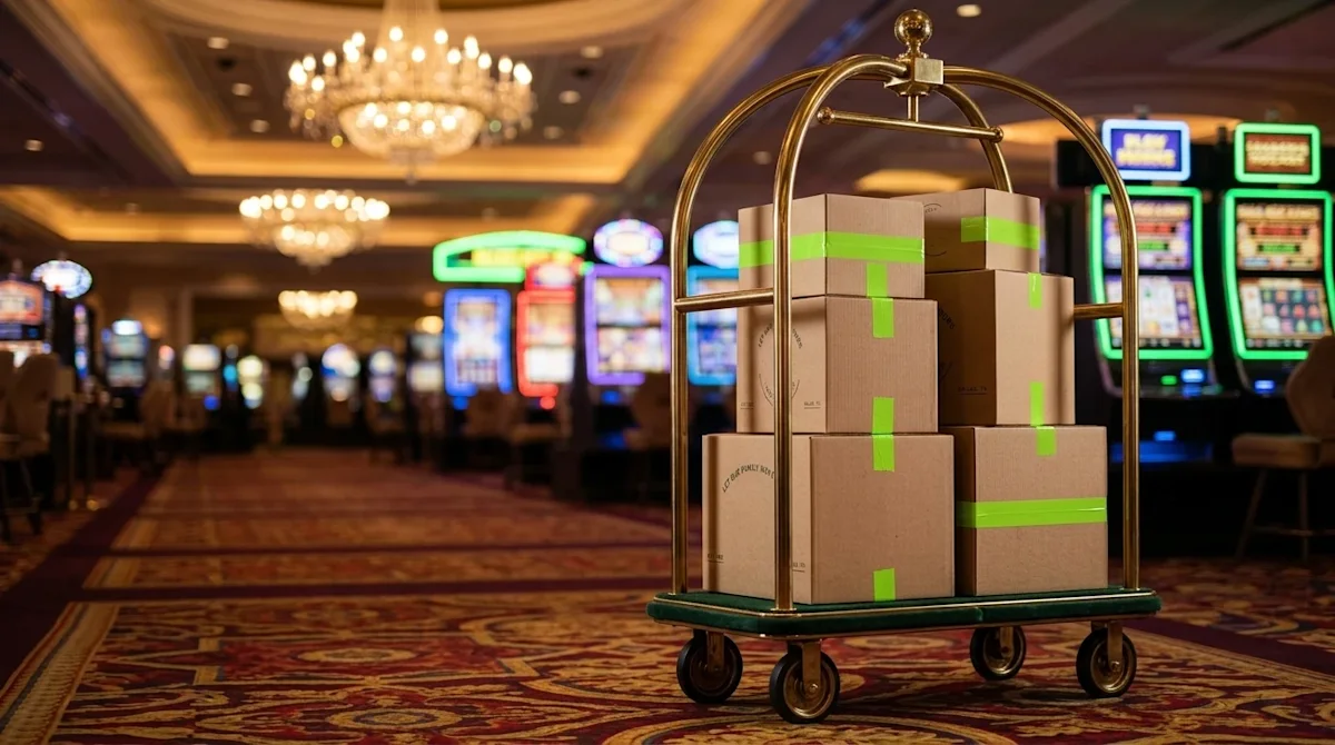 Professional marketing photography of a glamorous, warmly lit Las Vegas casino interior. In the softly blurred background, el