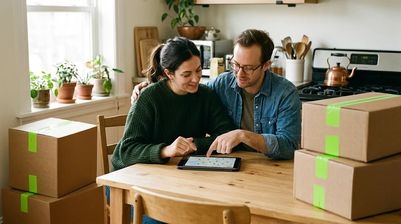 Candid lifestyle photograph of a couple sitting at a wooden kitchen table in a warm, sunlit home, looking together at a table