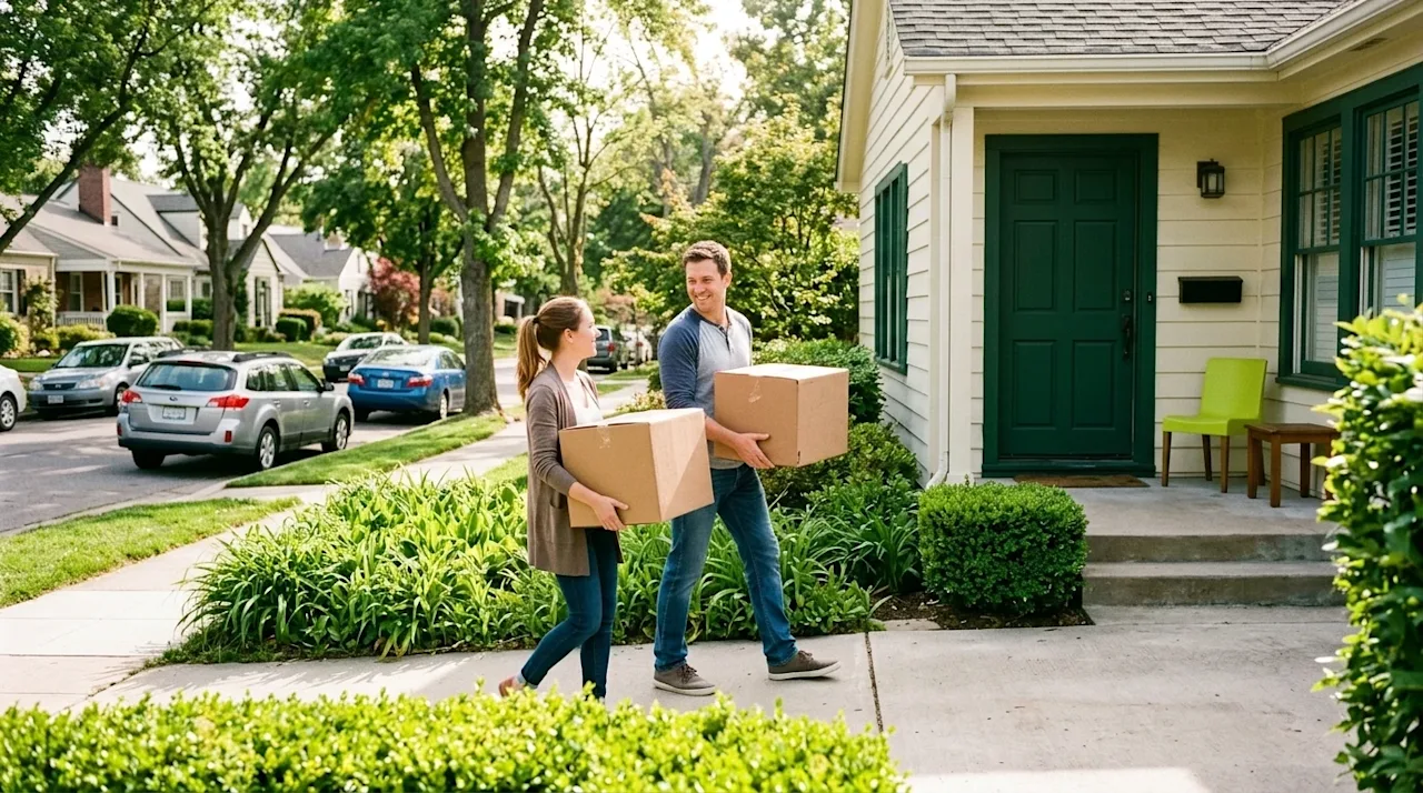 Candid, authentic 35mm film lifestyle photography of a welcoming, highly desirable American neighborhood street, evoking a no