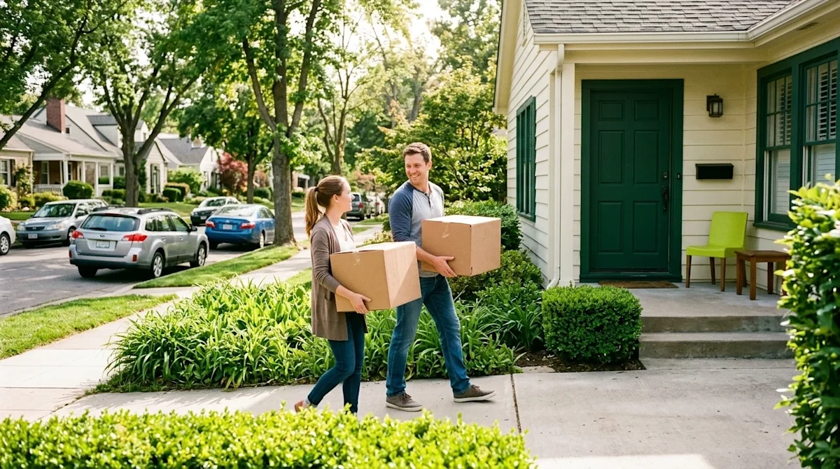 Candid, authentic 35mm film lifestyle photography of a welcoming, highly desirable American neighborhood street, evoking a no