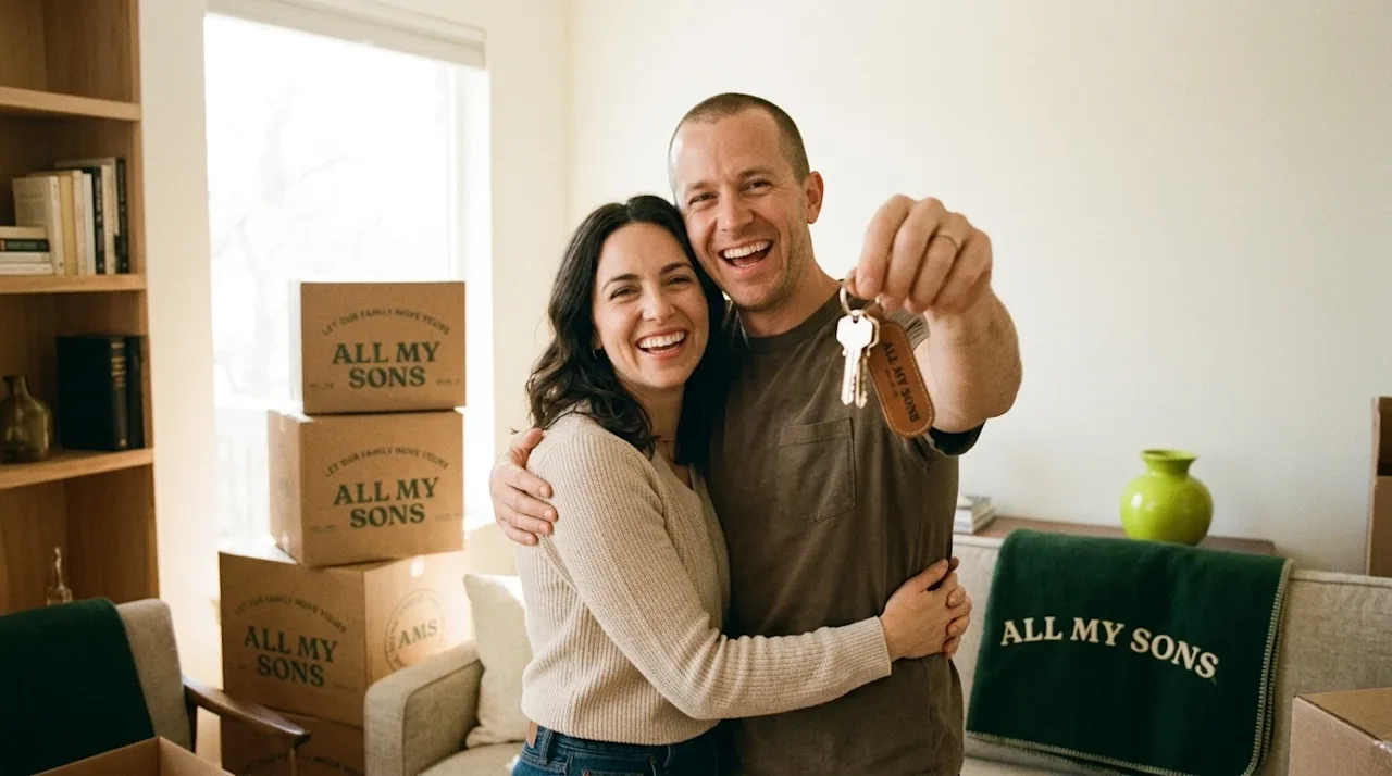 Candid 35mm film lifestyle photography of a joyful couple celebrating in the bright, sunny living room of their new home, sym