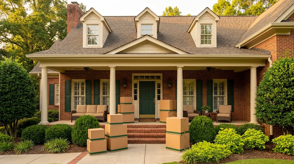 Moving boxes stacked on the porch of a traditional brick home in Birmingham, Alabama, at golden hour.