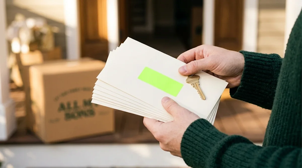 Close-up lifestyle photography of a person's hands holding a neat stack of blank mail envelopes and a shiny new brass house k