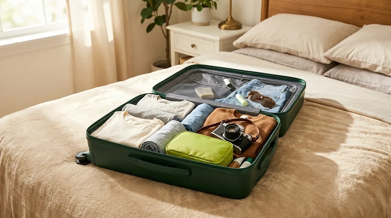 Clear and professional marketing photography of an open travel suitcase neatly packed for a first vacation, resting on a plus