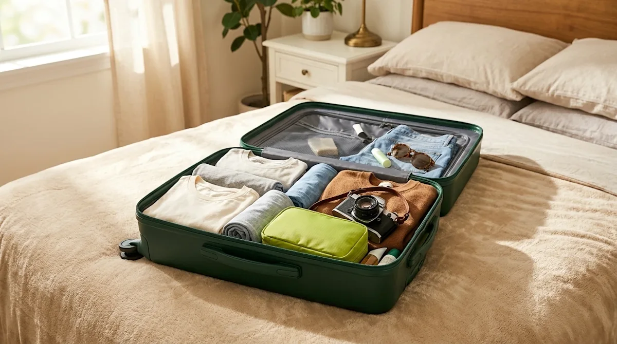 Clear and professional marketing photography of an open travel suitcase neatly packed for a first vacation, resting on a plus