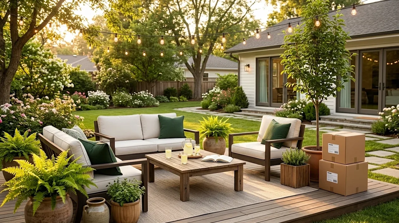 Professional marketing photography of an inviting, beautifully styled outdoor backyard patio space at a newly purchased home.