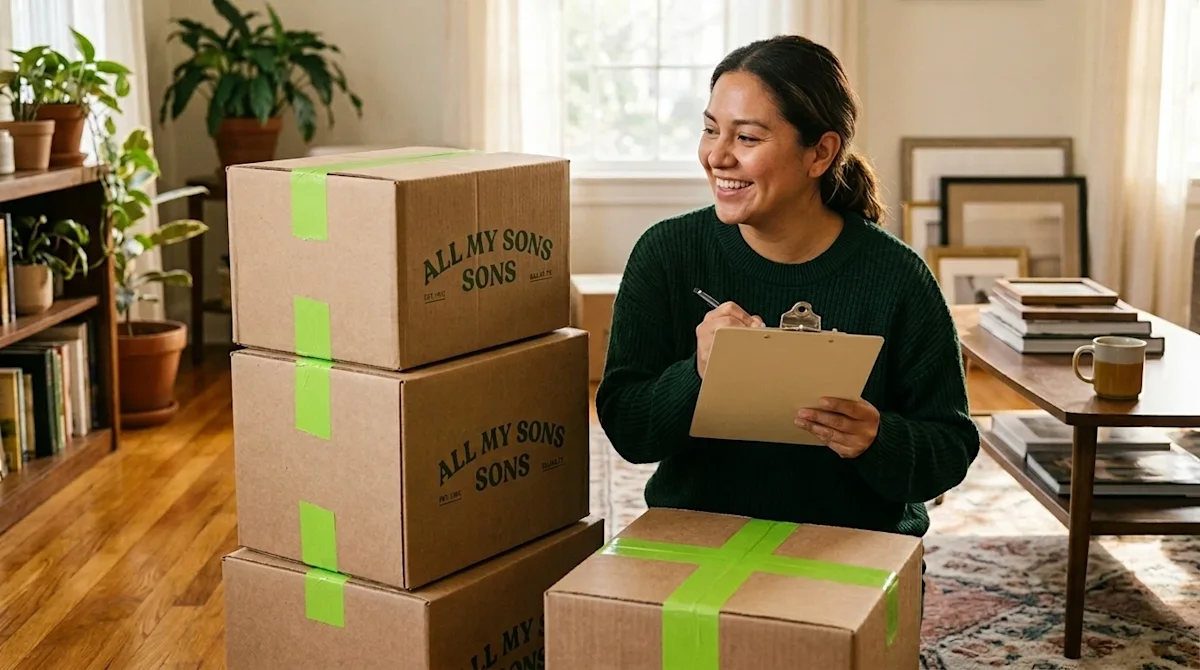 Candid, warm lifestyle photography of a person carefully organizing a move in a cozy living room, holding a clipboard with a