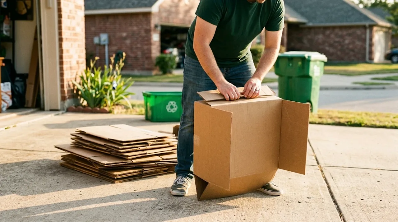 Photorealistic lifestyle photography of a person breaking down and recycling cardboard moving boxes. A casually dressed perso