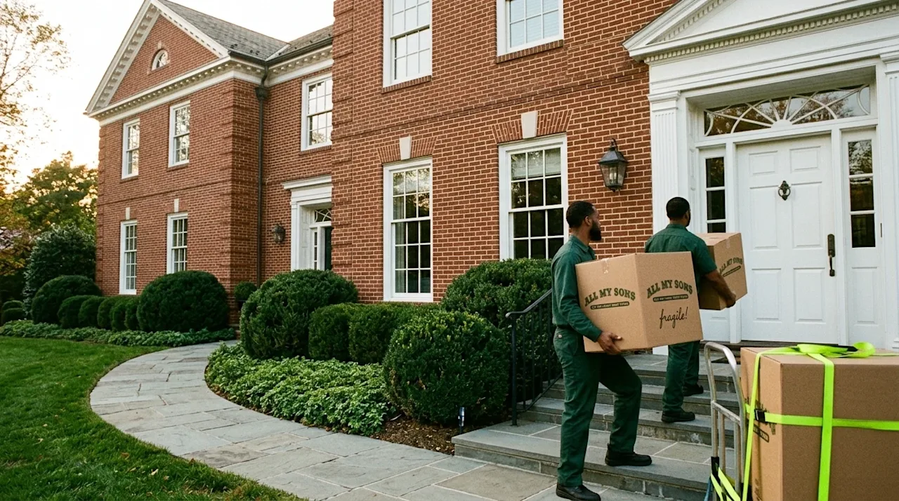 Authentic lifestyle editorial photography of an upscale moving day in an affluent Maryland neighborhood. In the background, a