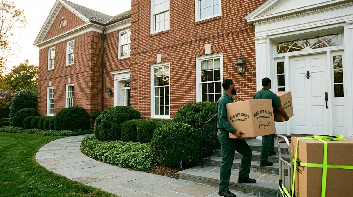 Authentic lifestyle editorial photography of an upscale moving day in an affluent Maryland neighborhood. In the background, a