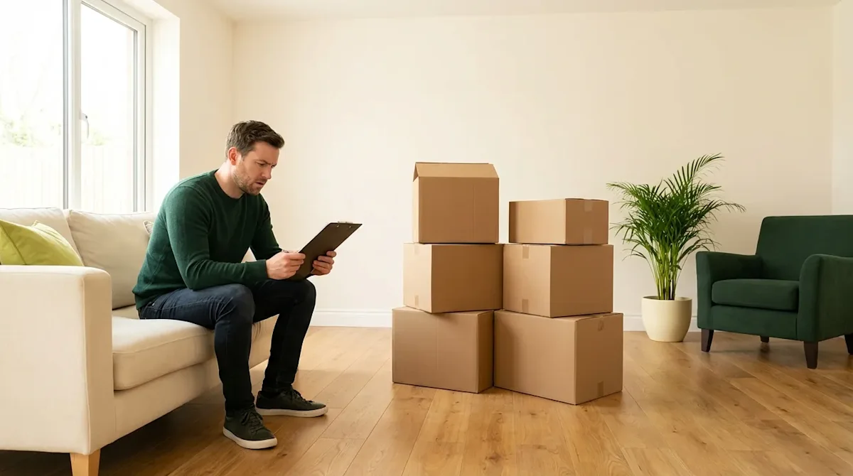 Puzzled homeowner checking moving inventory checklist in a modern living room with stacked cardboard boxes.