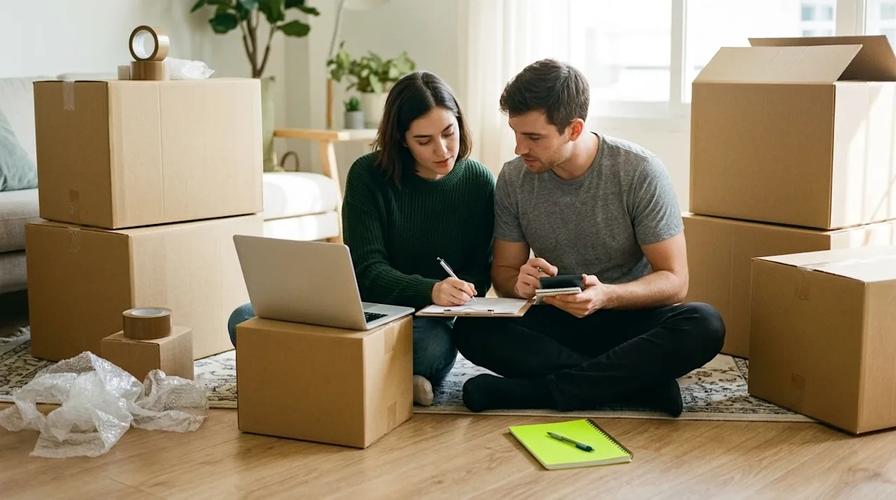 Lifestyle photography of a focused young couple sitting on a living room floor surrounded by a few neat stacks of plain kraft
