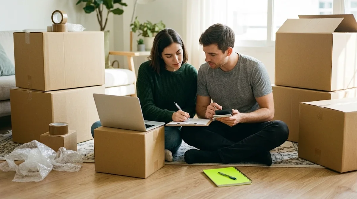 Lifestyle photography of a focused young couple sitting on a living room floor surrounded by a few neat stacks of plain kraft