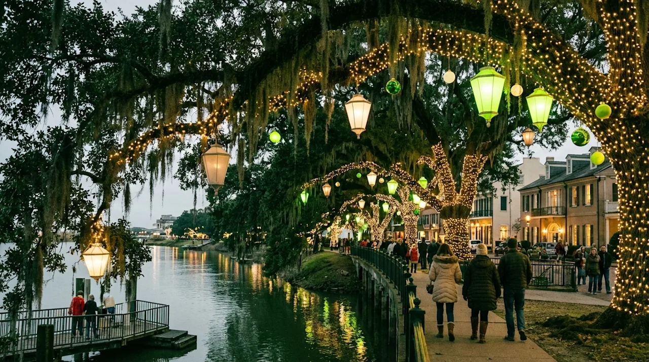 Festive holiday lights drape live oak trees along the Baton Rouge riverfront levee during twilight.