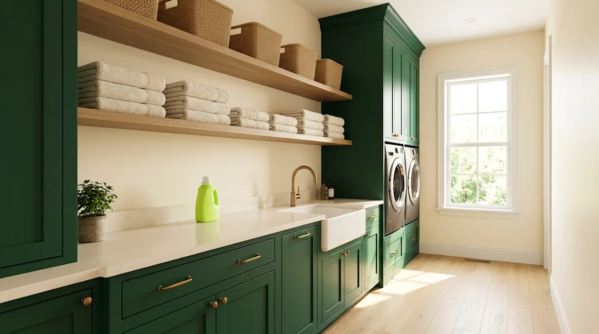 Organized laundry room featuring deep evergreen cabinetry, cream walls, woven baskets, and stacks of folded linens.