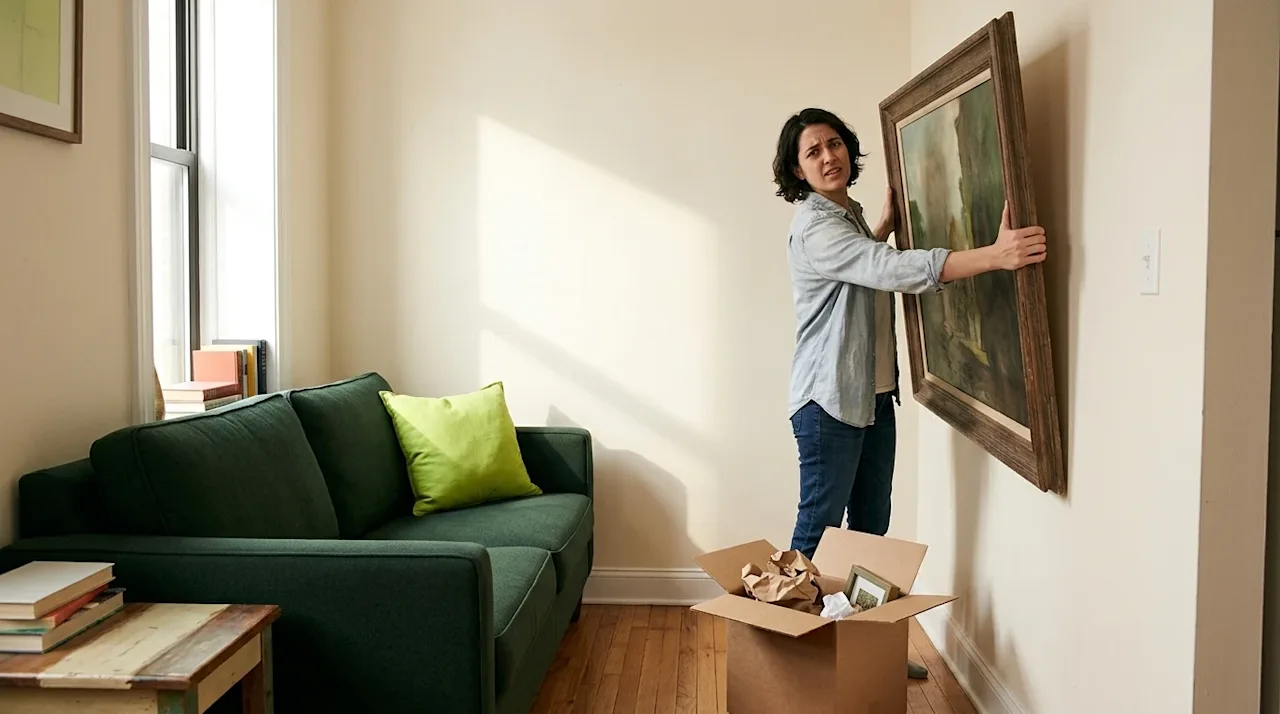 Professional marketing photography of a person looking frustrated while trying to decorate a visibly small, cramped apartment