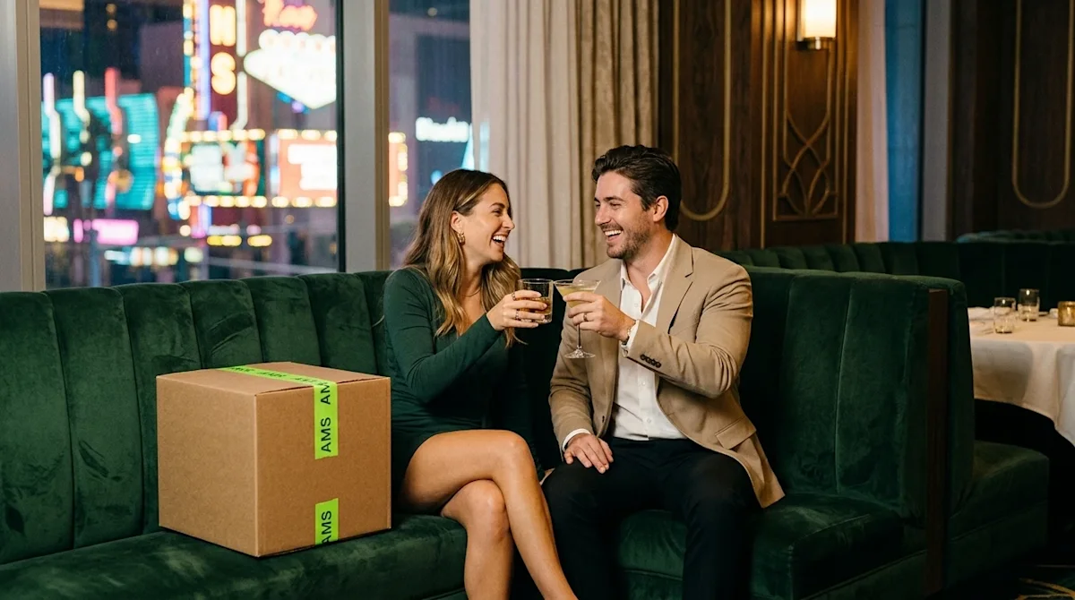 Professional lifestyle marketing photography of a happy, relaxed couple taking a break from moving to enjoy dinner at a styli