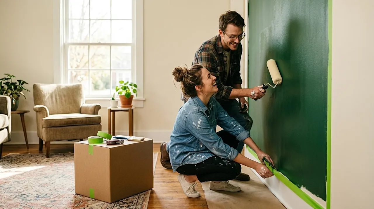 Professional marketing photography of a smiling couple working on a weekend home improvement project in their sunlit, welcomi